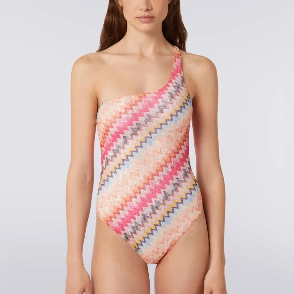 NWT Missoni One Piece Swimsuit Chevron Pink One Shoulder Bodysuit New XS 36 - Picture 5 of 11